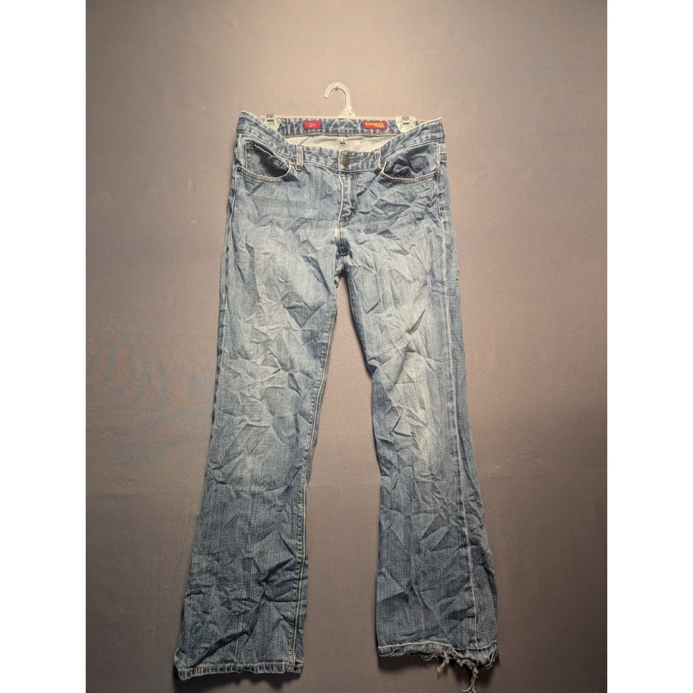 Express Jeans Womens 10 Blue Denim Medium Wash Mia Boot Straight Leg Raw Hem